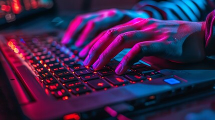 A person typing on a laptop computer at night, with their fingers rapidly hitting the keys. The scene is lit with creative ultraviolet red and blue lighting, 