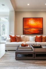 Fototapeta premium contemporary furniture in neutral shades complements colorful artwork accessories in a modern open-concept living area