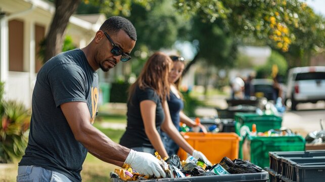 Residents actively participate in a recycling drive sorting materials into designated bins to support environmental preservation and community involvement.