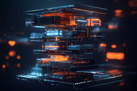 A futuristic digital stack of layered blocks glowing in orange and blue lights against a dark background representing technology and data storage
