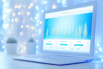 A laptop displays a festive winter-themed website with holiday decorations in the background