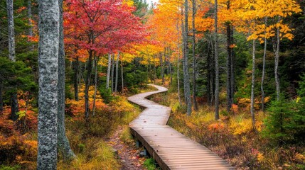 A winding wooden walkway leads through a vibrant autumn forest with colorful foliage, creating a picturesque scene.