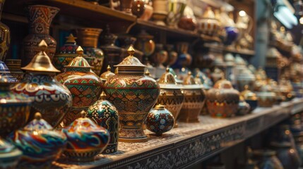 Fototapeta premium Colorful hand-painted ceramic vases and pots on display at a market