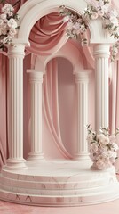 Naklejka premium Elegant pink-themed setting with ornate pillars and floral accents creates a dreamy atmosphere perfect for celebrations. Generative AI