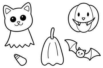 Set of cute Halloween hand drawn illustrations including ghosts, cats, bats, pumpkins, candy. Fun halloween elements for kids. Black and white line art stamps.