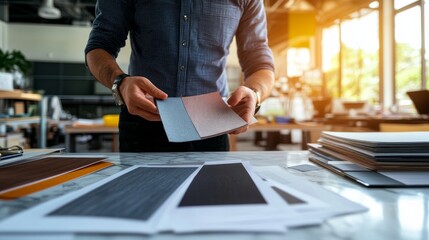 An interior designer examines two fabric swatches alongside a wooden flooring sample in a contemporary studio filled with material samples and natural light