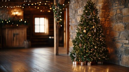 Fototapeta premium Cozy rustic scene with decorated christmas tree and sparkling lights in a charming stone-walled lodge, celebrating the new year