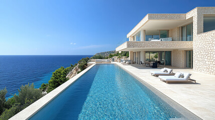Fototapeta premium A luxurious coastal villa features an expansive infinity pool and stunning views of the ocean on a bright and clear day