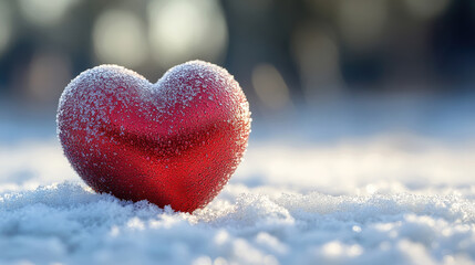 Fototapeta premium A heart-shaped decoration dusted with snow rests serenely on a snowy ground, reflecting sunlight in a tranquil winter scene