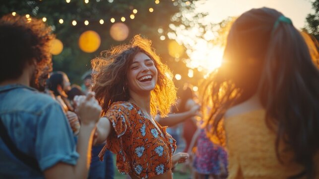 Friends are joyfully dancing at an open air concert relishing the vibrant atmosphere and celebrating the return of communal events as the sun sets.