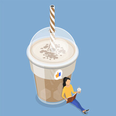 3D Isometric Flat Vector Illustration of Frozen Coffee Drink, Iced Americano or Latte