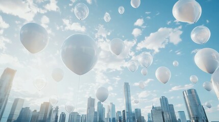 Balloons gracefully float above a vibrant modern city skyline during a bright sunny day. Generative AI