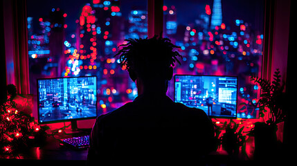 Obraz premium In a dark room, an individual gazes at a stunning city skyline filled with colorful lights, focusing on dual computer screens