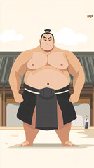 Obraz premium Whimsical Illustration of a Sumo Wrestler Performing the Shiko Pose in Traditional Japanese Martial Arts Style