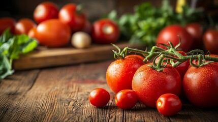 Fresh vine tomatoes on a rustic wooden table