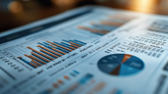 A comprehensive financial report features vibrant graphs and charts displayed on a desk in a bright office, reflecting afternoon light