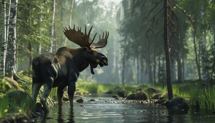 Moose standing by forest stream in peaceful woodland
