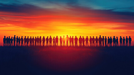 Many individuals stand in a line, silhouetted by a colorful sunset, enjoying the warm evening together in a tranquil outdoor setting