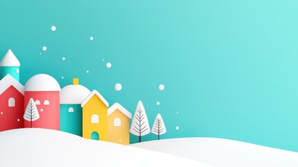 Fototapeta premium Serene Winter Wonderland: Idyllic Village in Snowy Hills with Soft Pastel Colors and Falling Snowflakes, Copy Space for Text