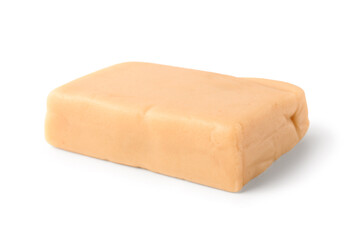 Tasty marzipan bar on white background