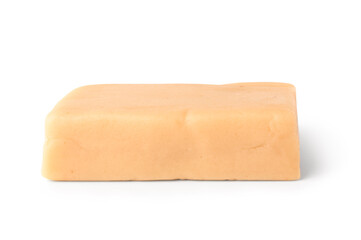Tasty marzipan bar on white background