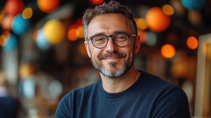 Obraz premium A man with a beard and glasses smiles warmly while standing in a café adorned with bright lanterns and a cozy atmosphere in the afternoon