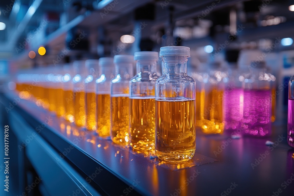 Poster A row of glass bottles filled with various colored liquids on a conveyor belt in a laboratory setting.