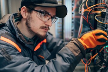 Fototapeta premium Engineer installing electric equipment electrician fixing electricity change skilled expert professional repair adult wires working renovation expert work DIY ladder expertise technician support