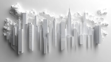 Fototapeta premium The skyline features various skyscrapers emerging from a cloud-like base, creating a unique three-dimensional effect during the day