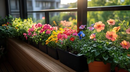 Colorful flowers in pots on a balcony with a wooden floor and a view of greenery and a city building in the background.