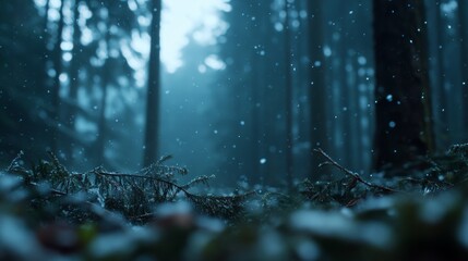 In a dense pine forest, fresh snow blankets the ground and branches, creating a peaceful winter wonderland enhanced by gentle falling snowflakes