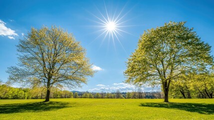Obraz premium Two trees stand in a field of green grass under a bright blue sky with a shining sun.