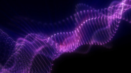 Vibrant pink and purple light waves pulse across a dark background, creating a futuristic and dynamic energy flow with glowing, abstract lines and smooth curves