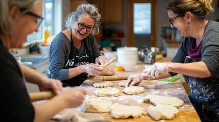 A group of middle-aged friends share joyful moments while preparing homemade pies together in a warm kitchen. Flour covers their hands as they roll out dough and chat