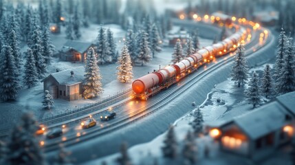 A miniature train carrying tank cars winds its way through a snowy winter village.