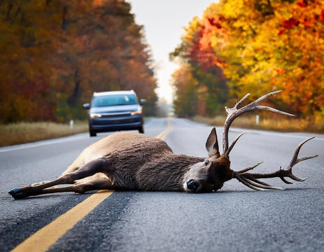 A poor deer roadkill  lying  on rural highway  in autumn forest, appears injured or deceased.	