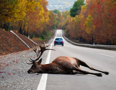 A deer roadkill  lying  on rural highway  in autumn forest, appears injured or deceased.	