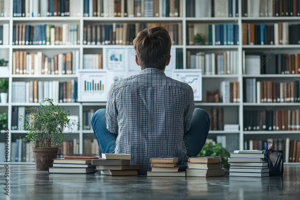 Poster A young man sits in front of a computer screen with graphs, surrounded by piles of books, in a room with bookshelves.