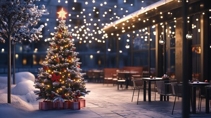 Beautifully lit christmas tree with snowy branches on a festive evening outdoor café setting, illuminated with warm lights, new year celebration
