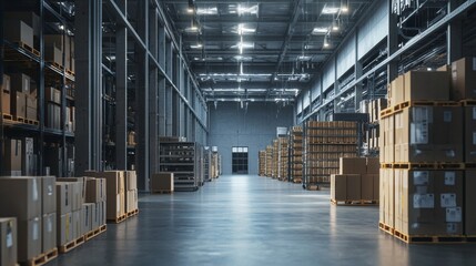 Large modern warehouse with boxes on pallets and high shelves
