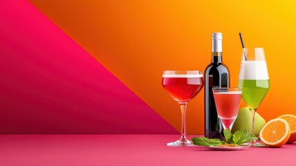 Modern Futuristic Restaurant Bar with Vibrant Cocktails and Gourmet Food Plates, Energetic Design with Copy Space