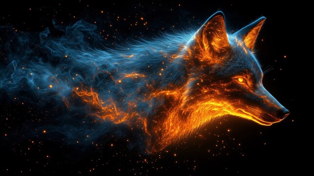 Majestic fox composed of fire and stardust, emerging from a cosmic cloud of smoke and embers. The perfect image for themes of fantasy, wildlife, and the universe; galaxy and cosmo with animal