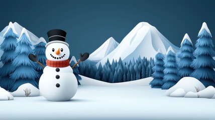 Obraz premium Serene Winter Wonderland with Happy Snowman Surrounded by Snow-Covered Trees and Mountains, Copy Space