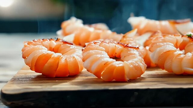close-up of several cooked shrimp arranged in a circular pattern on a wooden cutting board. The shrimp are a pale orange color and appear to be cooked in a light sauce