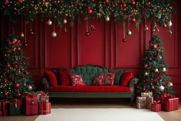 holiday home decor, christmas decorations in red and green hues with sparkling ornaments and twinkling lights create a festive background