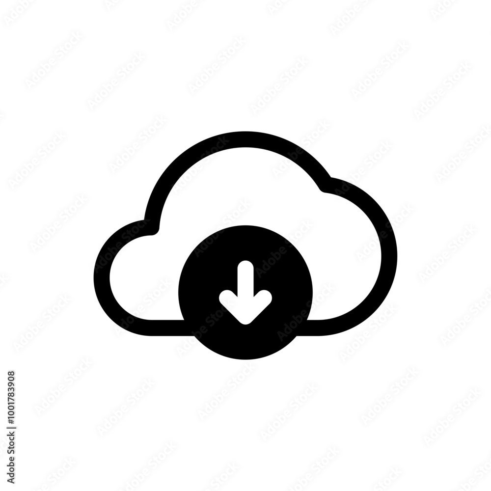 Poster cloud download icon with arrow down symbol, save import icon, data storage database icons button	
