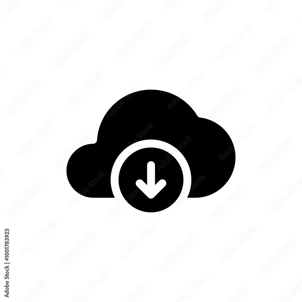 Poster cloud download icon with arrow down symbol, save import icon, data storage database icons button	
