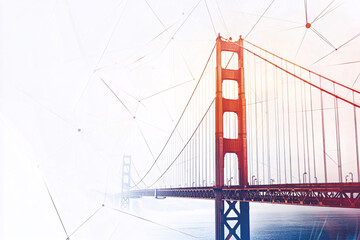 Fototapeta premium Abstract digital art of the Golden Gate Bridge in soft red and white tones with geometric patterns in the background creating a futuristic look 