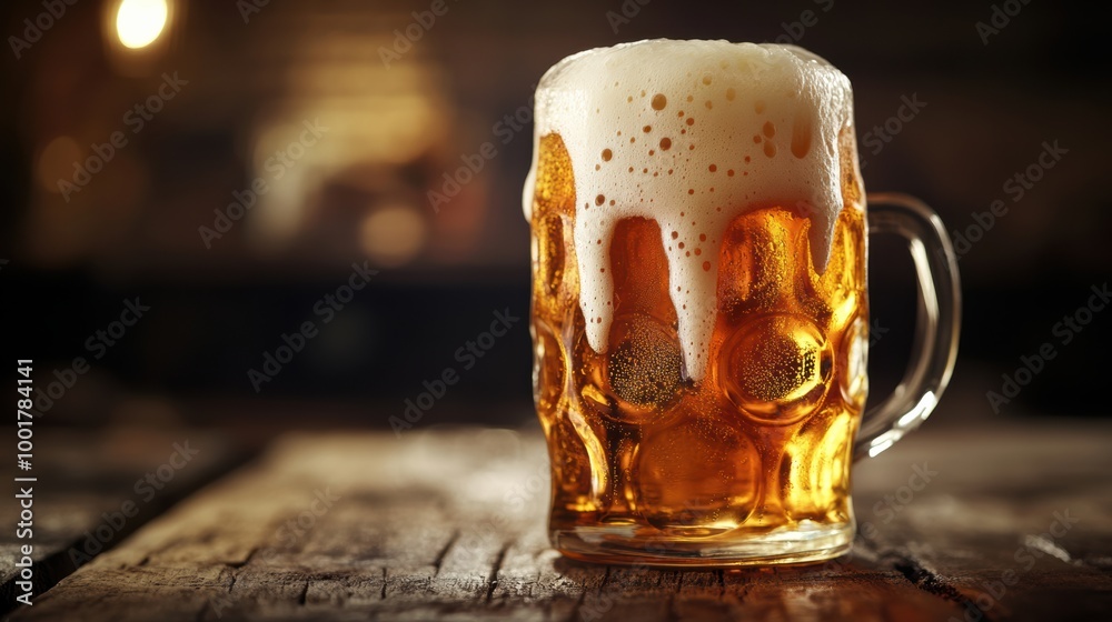 Poster A close-up of a frothy beer mug overflowing with foam on a rustic wooden table in a warm, inviting setting. Generative AI