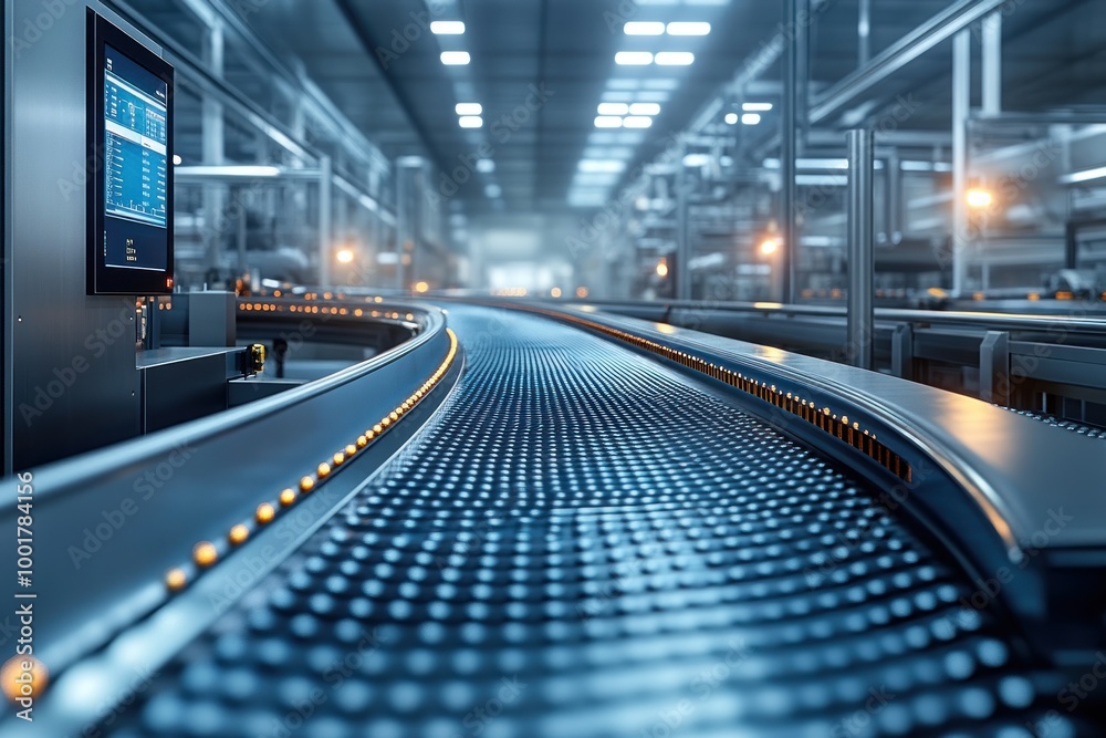 Poster A close-up view of a modern factory conveyor belt system.